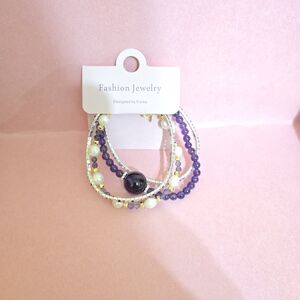 Purple and Silver Beaded Bracelet Set